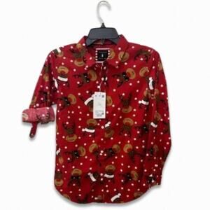 Cactus Button Down Shirt Red Reindeer Roll Tab Festive Print Red Boys 13/14 NWT